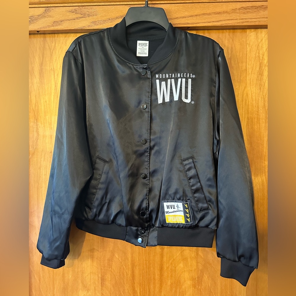 Pink WVU Women's Black Satin-Feel Varsity Jacket